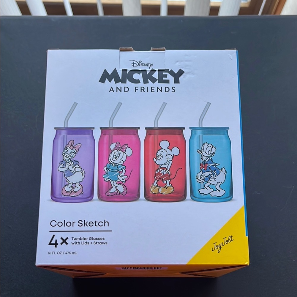 NIB Disney Mickey and Friends Color Sketch Glass Tumbler Set with Lids and Straw